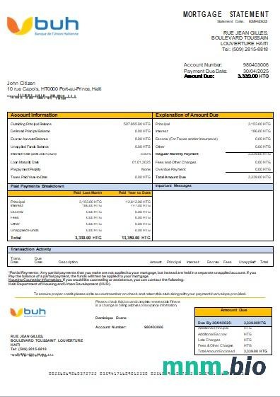 Haiti Bank BUH wyciąg z kredytu hipotecznego szablon Word i PDF
